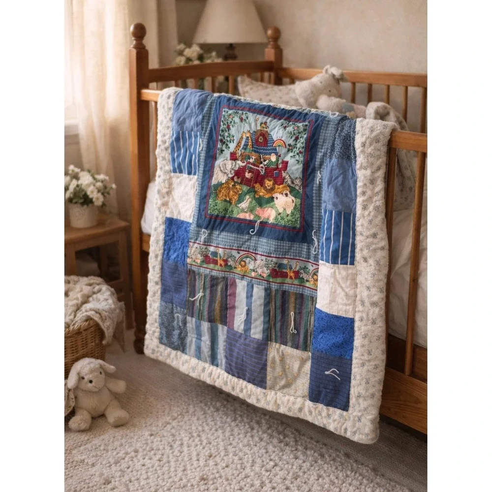 Vintage Noahs Ark Patchwork Baby Quilt Blue Nursery OS‎ Cottagecore Minimalist